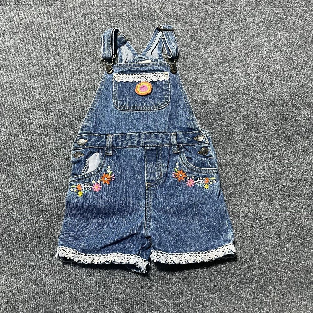 Self Esteem Denim Overalls Shortalls Girl 4T Blue Embroidered Flowers Lace Trim